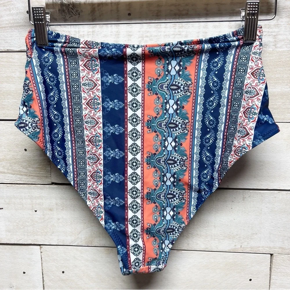 Cupshe Bikini‎ Set Womens Medium Blue Red Cross Front Top High Waist Bottom New